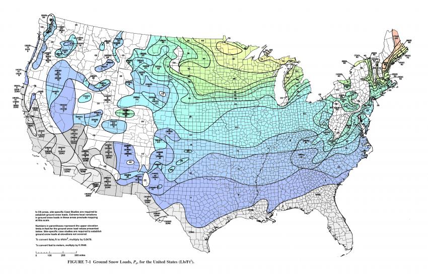 Design Snow Loads Map for the United States, adapted from ASCE 7-10, Figure 7-1